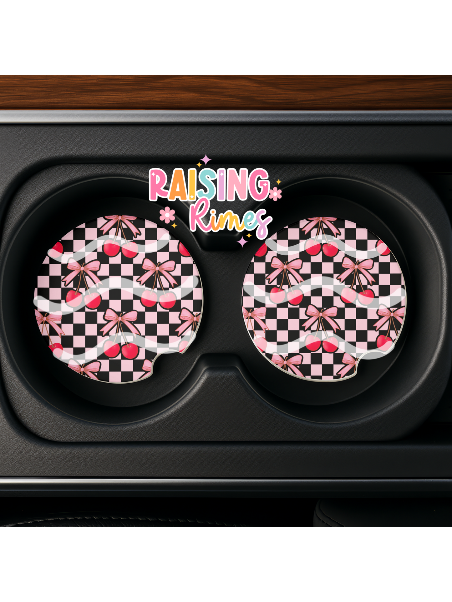 Pink Checkered Cherries Coaster Set