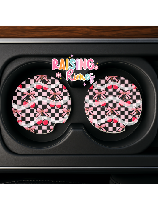 Pink Checkered Cherries Coaster Set